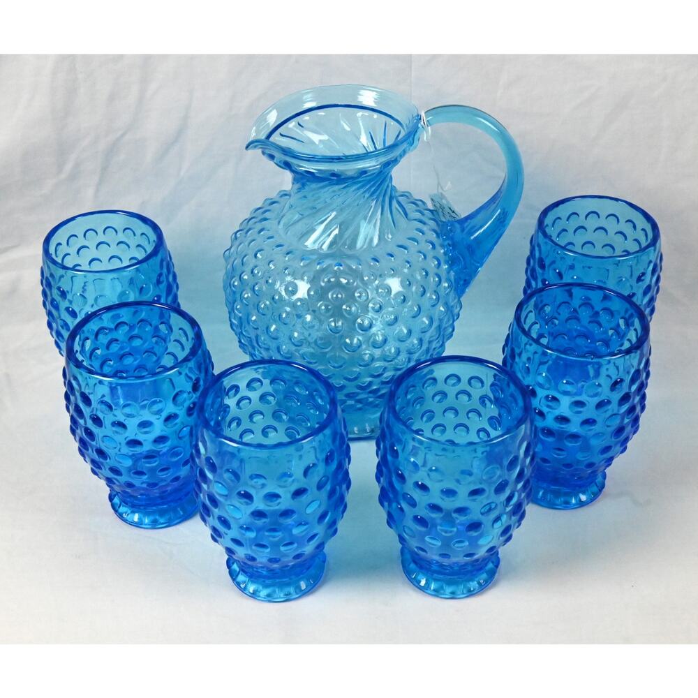 Vintage Blue Glass Hobnail Pattern Pitcher & Glass Set